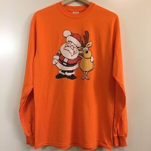 Santa and Reindeer Pal Christmas Long Sleeve Tshirt Men’s Size Medium